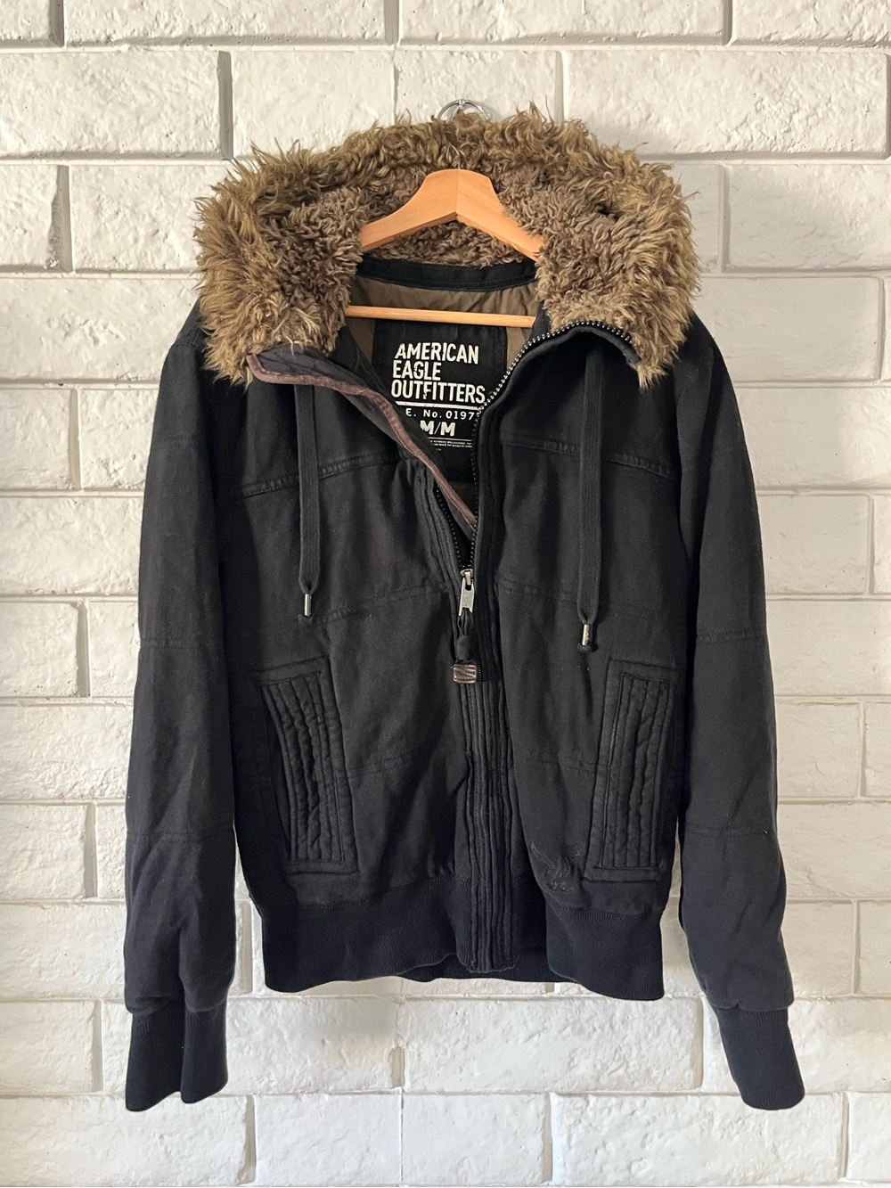 Y2K Vintage American Eagle Outfitters Faux Fur Hooded Bomber Jacket Cotton Black